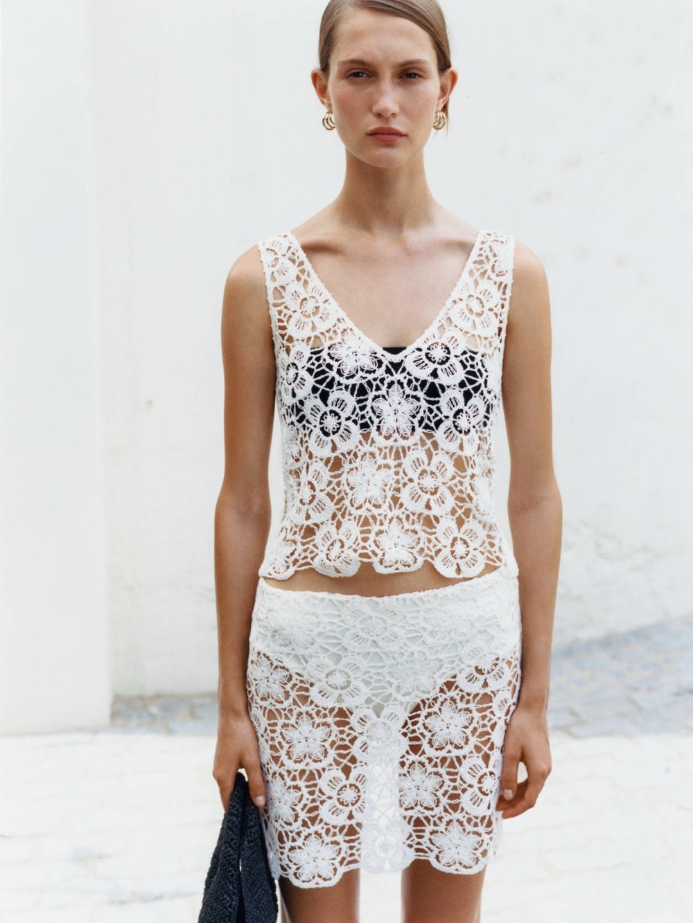 MANGO White Crochet Beach Coverup Top and Skirt Set Size XS